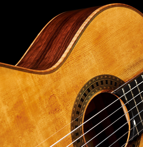 The top and rosette detail of a Wolfgang Jellinghaus "La Romantica A" romantic guitar made with spruce and granadillo.