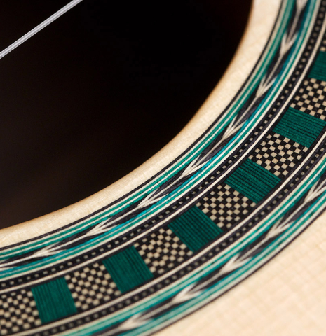 The rosette detail of a Wolfgang Jellinghaus "Bavaria A" classical guitar made of spruce and Indian rosewood