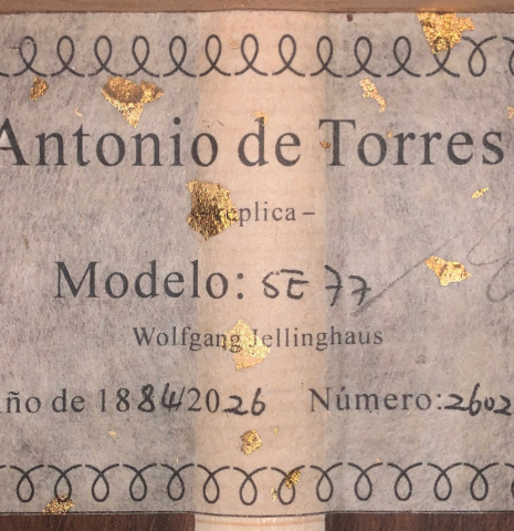 This is the label of a Wolfgang Jellinghaus "Torres 77" classical guitar made of spruce and granadillo