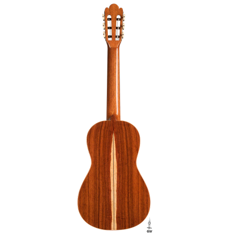 This is the back of a 2022 Wolfgang Jellinghaus &quot;Torres 77&quot; guitar on a white background