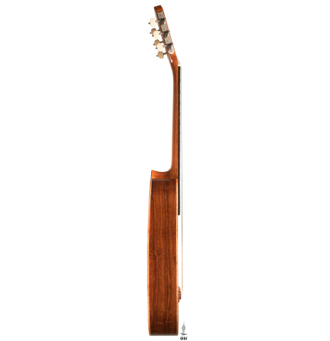 This is the side of a 2022 Wolfgang Jellinghaus &quot;Torres 77&quot; guitar on a white background
