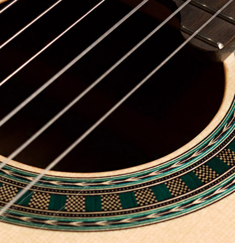 Detail of the rosette of a Wolfgang Jellinghaus "Bavaria A" classical guitar made of spruce and African rosewood