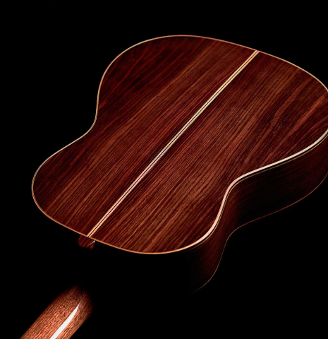 The back and sides of a Wolfgang Jellinghaus “Torres 43” classical guitar made with spruce and Indian rosewood