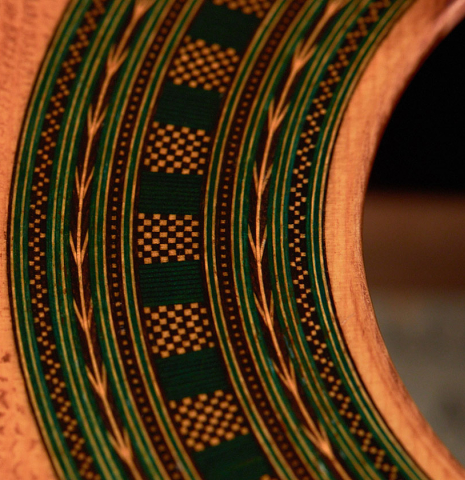 The rosette of a Wolfgang Jellinghaus “Torres 43” classical guitar made with spruce and Indian rosewood