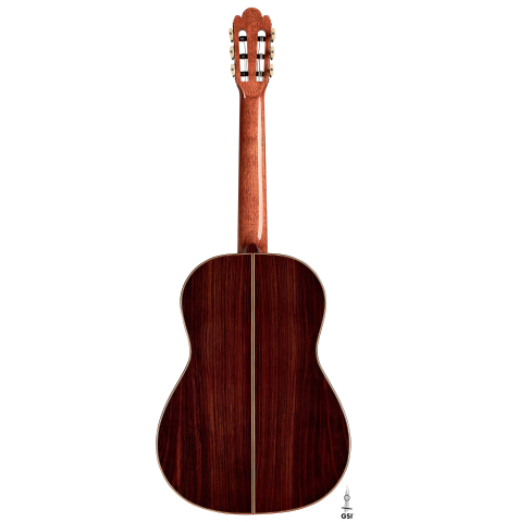 The back of a 2022 Wolfgang Jellinghaus “Torres 43” classical guitar made with spruce and Indian rosewood
