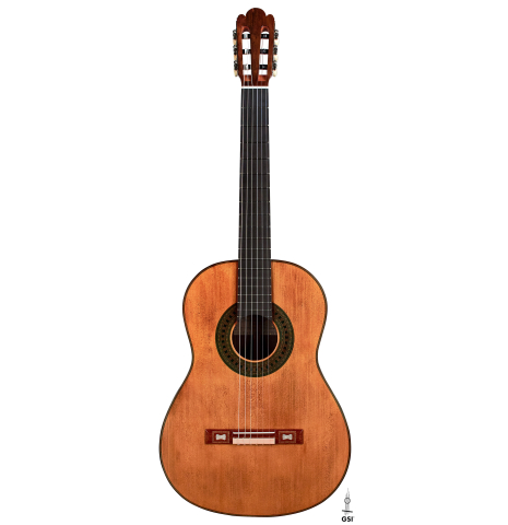 The front of a 2022 Wolfgang Jellinghaus “Torres 43” classical guitar made with spruce and Indian rosewood