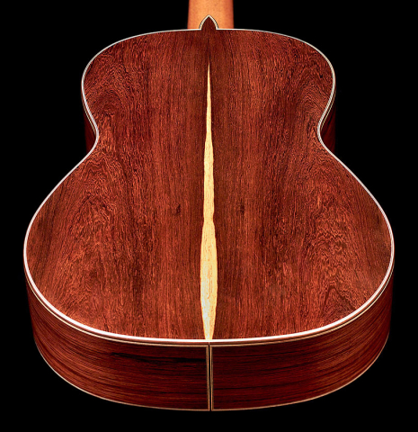 This is the back of a 2022 Wolfgang Jellinghaus &quot;Espanola 1a&quot; guitar made with cedar soundboard and African rosewood back and sides
