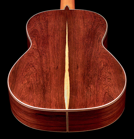 This is the back of a Wolfgang Jellinghaus "Espanola 1a" guitar made with cedar soundboard and African rosewood back and sides