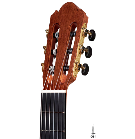 The headstock and machine heads of a Wolfgang Jellinghaus "Espanola 1a" CD/AR classical guitar on a white background