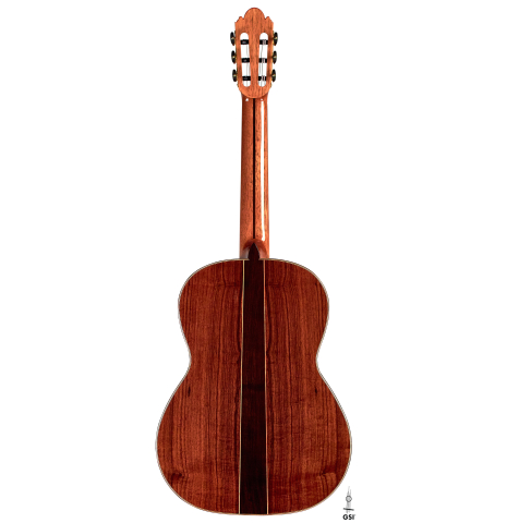The back of a 2022 Wolfgang Jellinghaus &quot;Signature SP/SP 630&quot; double top guitar made of spruce and granadillo