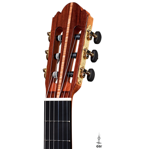 The headstock of a 2022 Wolfgang Jellinghaus "Signature SP/SP 630" double top guitar made of spruce and granadillo