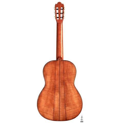 The back of a Wolfgang Jellinghaus “Torres 49 - ex Tarrega” classical guitar made of spruce and maple