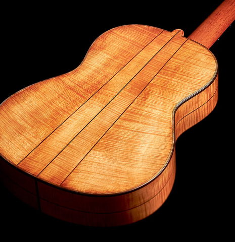 The back and sides of a Wolfgang Jellinghaus “Torres 49 - ex Tarrega” classical guitar made of spruce and maple