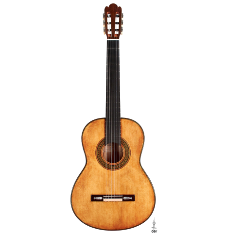The front of a Wolfgang Jellinghaus “Torres 49 - ex Tarrega” classical guitar made of spruce and maple