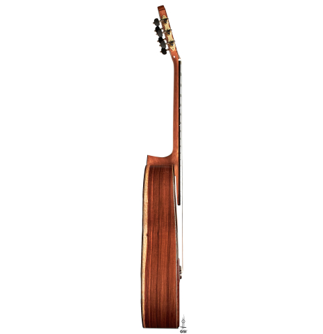 The side of a 2022 Wolfgang Jellinghaus &quot;Signature CD/CD 630&quot; double top guitar made of cedar and granadillo