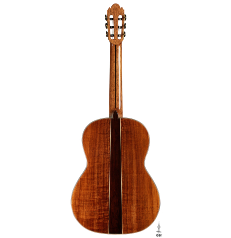 The back of a 2025 Wolfgang Jellinghaus "Signature CD/CD 630" classical guitar made of cedar and granadillo