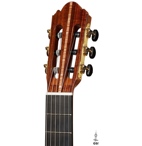 The headstock of a 2025 Wolfgang Jellinghaus "Signature CD/CD 630" classical guitar made of cedar and granadillo