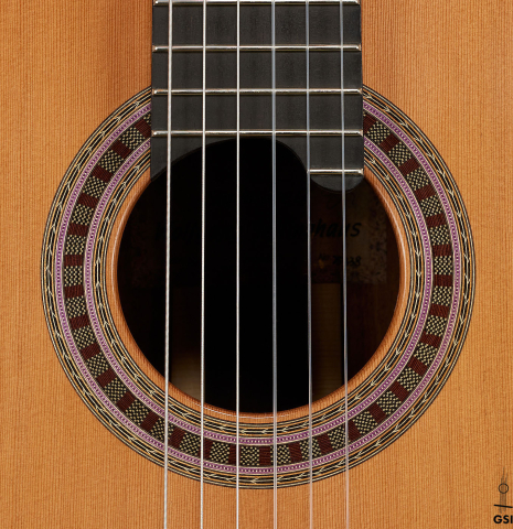 The rosette of a 2025 Wolfgang Jellinghaus "Signature CD/CD 630" classical guitar made of cedar and granadillo