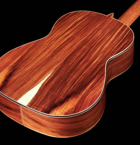The back and sides of a Wolfgang Jellinghaus "1912 Ex-Segovia" classical guitar made of spruce and Pau Ferro.