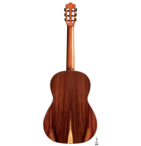 The back of a Wolfgang Jellinghaus "1912 Ex-Segovia" classical guitar made of spruce and Pau Ferro.
