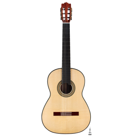 The front of a 2023 Wolfgang Jellinghaus &quot;1912 Ex-Segovia&quot; classical guitar made of spruce and Pau Ferro.