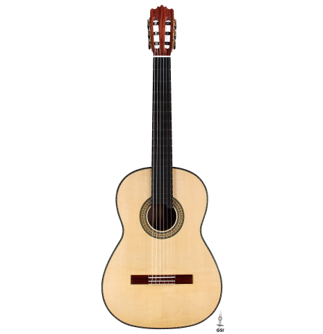 The front of a Wolfgang Jellinghaus "1912 Ex-Segovia" classical guitar made of spruce and Pau Ferro.
