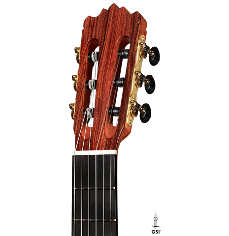 The headstock of a Wolfgang Jellinghaus "1912 Ex-Segovia" classical guitar made of spruce and Pau Ferro.