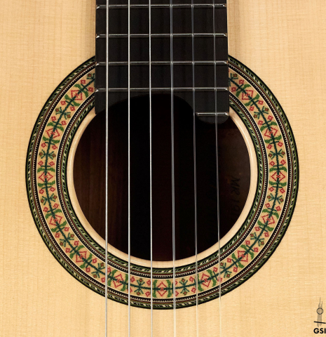 The rosette of a 2023 Wolfgang Jellinghaus &quot;1912 Ex-Segovia&quot; classical guitar made of spruce and Pau Ferro.