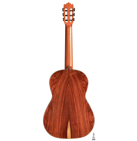 The back of a Wolfgang Jellinghaus "1912 Ex-Segovia" classical guitar made of cedar and Pau Ferro.