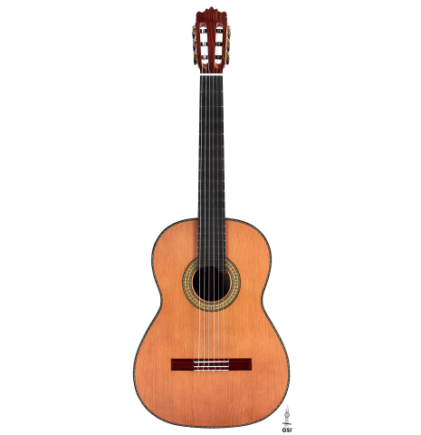 The front of a Wolfgang Jellinghaus "1912 Ex-Segovia" classical guitar made of cedar and Pau Ferro.