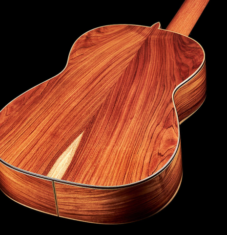 The back and sides of a Wolfgang Jellinghaus "1912 Ex-Segovia" classical guitar made of cedar and Pau Ferro.
