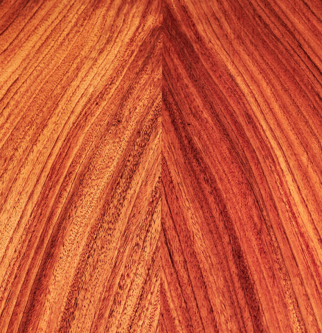 The back of a Wolfgang Jellinghaus "1912 Ex-Segovia" classical guitar made of cedar and Pau Ferro.