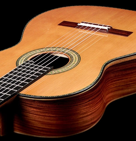The front of a Wolfgang Jellinghaus "1912 Ex-Segovia" classical guitar made of cedar and Pau Ferro.
