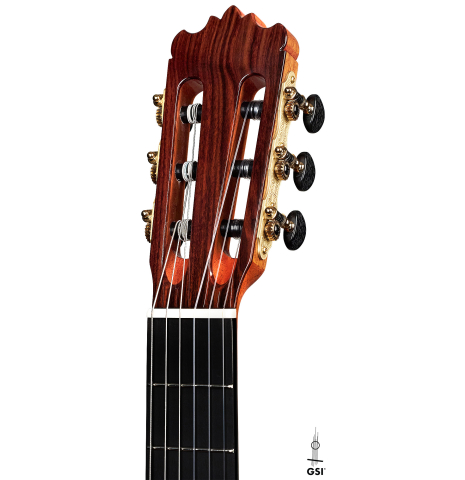 The headstock of a Wolfgang Jellinghaus "1912 Ex-Segovia" classical guitar made of cedar and Pau Ferro.