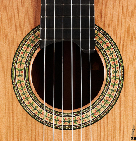 The rosette of a 2023 Wolfgang Jellinghaus &quot;1912 Ex-Segovia&quot; classical guitar made of cedar and Pau Ferro.