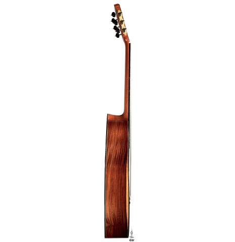 The side of a Wolfgang Jellinghaus "1912 Ex-Segovia" classical guitar made of cedar and Pau Ferro.