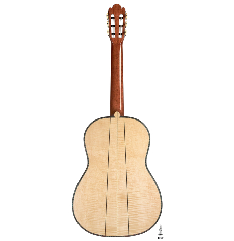 The back of a Wolfgang Jellinghaus “Torres 43 - clear” classical guitar made with spruce and maple.