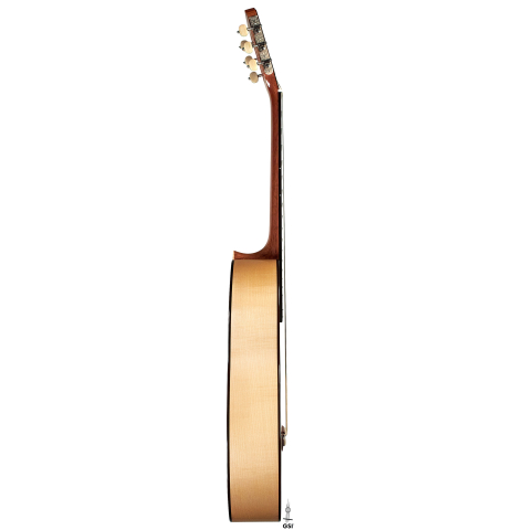 The side of a Wolfgang Jellinghaus “Torres 43 - clear” classical guitar made with spruce and maple.