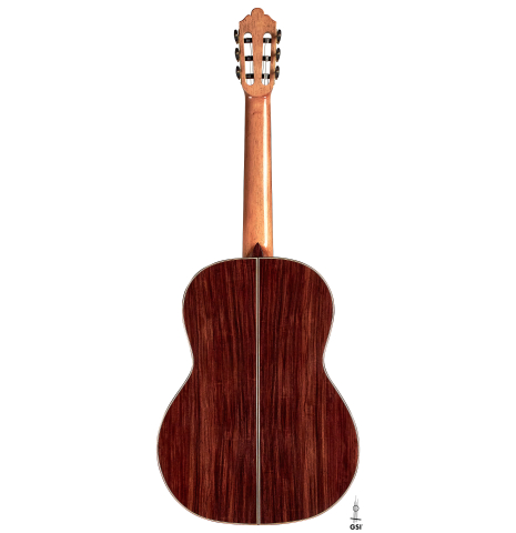 The back of a 2023 Wolfgang Jellinghaus "Conservatory EF 1a" classical guitar made with spruce and Indian rosewood.
