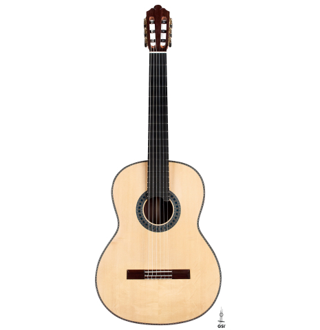The front of a 2023 Wolfgang Jellinghaus "Conservatory EF 1a" classical guitar made with spruce and Indian rosewood.