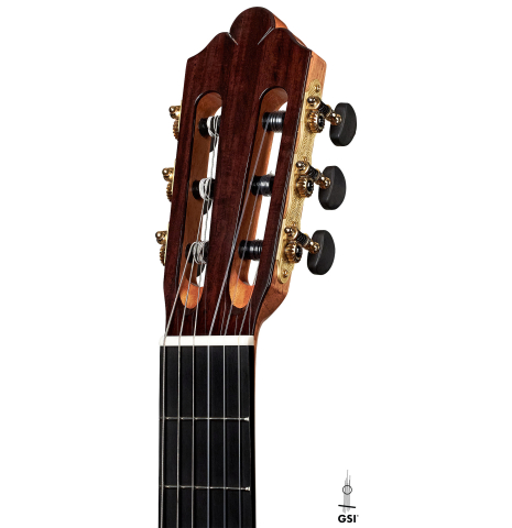 The headstock of a 2023 Wolfgang Jellinghaus "Conservatory EF 1a" classical guitar made with spruce and Indian rosewood.