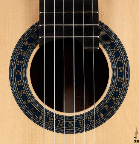 The rosette of a 2023 Wolfgang Jellinghaus "Conservatory EF 1a" classical guitar made with spruce and Indian rosewood.