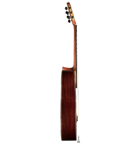 The side of a 2023 Wolfgang Jellinghaus "Conservatory EF 1a" classical guitar made with spruce and Indian rosewood.