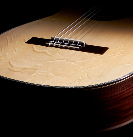 The lower bout of a 2023 Wolfgang Jellinghaus "Conservatory EF 1a" classical guitar made with spruce and Indian rosewood.
