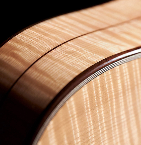 The back and sides of a Wolfgang Jellinghaus “Torres 49 - clear - ex Tarrega” classical guitar made of spruce and maple
