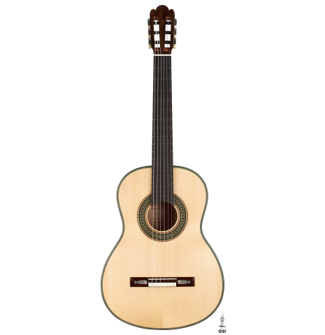The front of a Wolfgang Jellinghaus “Torres 49 - clear - ex Tarrega” classical guitar made of spruce and maple