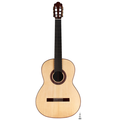 The front of a 2023 Wolfgang Jellinghaus "Espanola A" classical guitar with spruce top and Indian rosewood back and sides