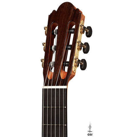 The headstock and machine heads of a 2023 Wolfgang Jellinghaus "Espanola A" classical guitar with spruce top and Indian rosewood back and sides