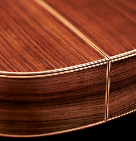 This is the back and sides at the foot of a 2023 Wolfgang Jellinghaus "Espanola A" classical guitar with spruce top and Indian rosewood back and sides