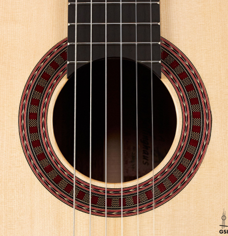 The rosette of a 2023 Wolfgang Jellinghaus "Espanola A" classical guitar with spruce top and Indian rosewood back and sides